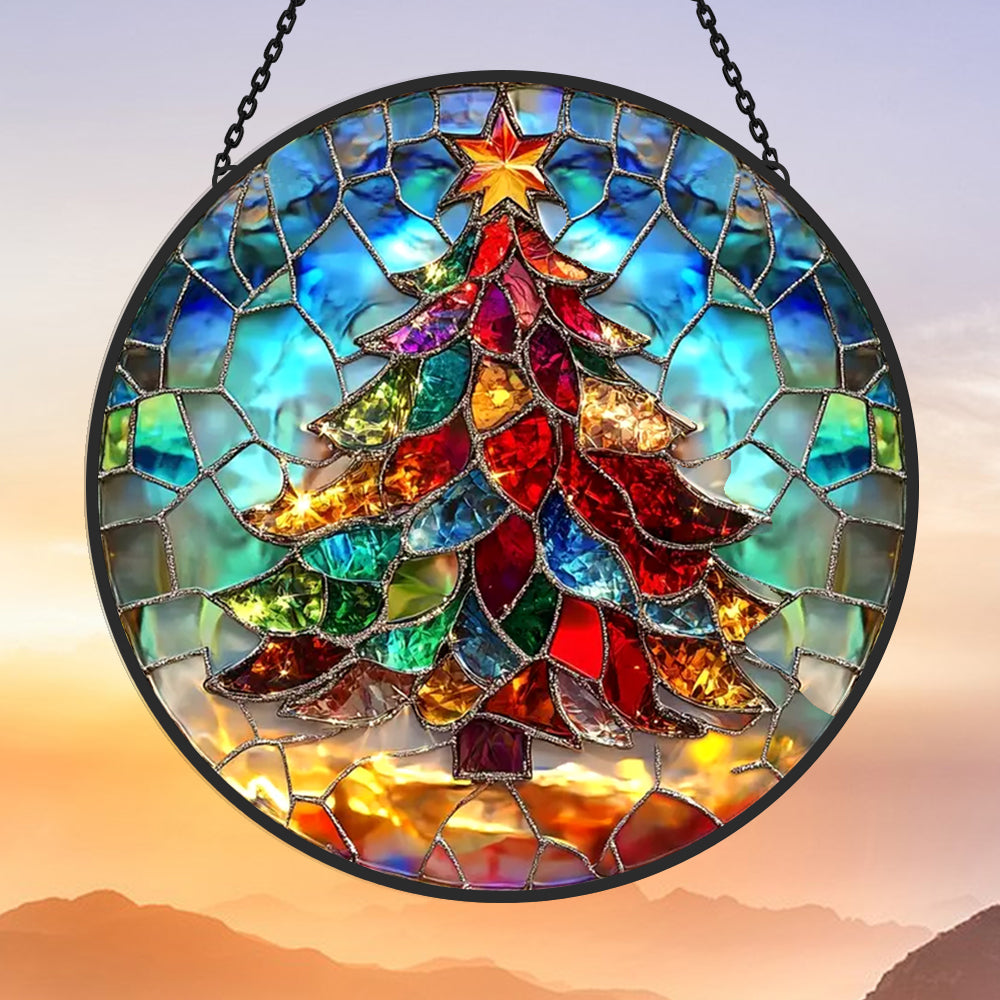Christmas tree star stained glass suncatcher window hanging, suitable for home and garden decoration