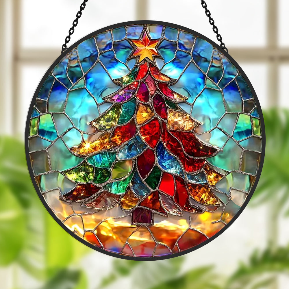 Christmas tree star stained glass suncatcher window hanging, suitable for home and garden decoration