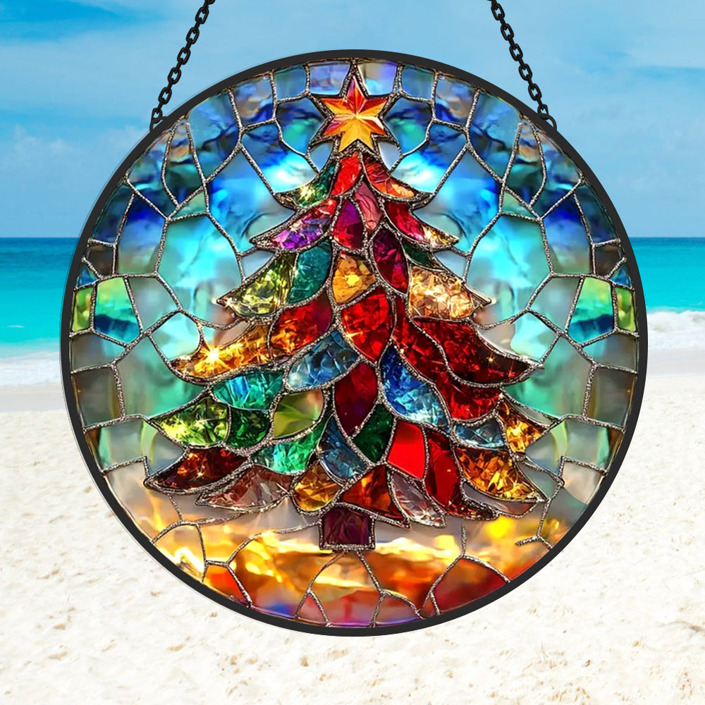 Christmas tree star stained glass suncatcher window hanging, suitable for home and garden decoration
