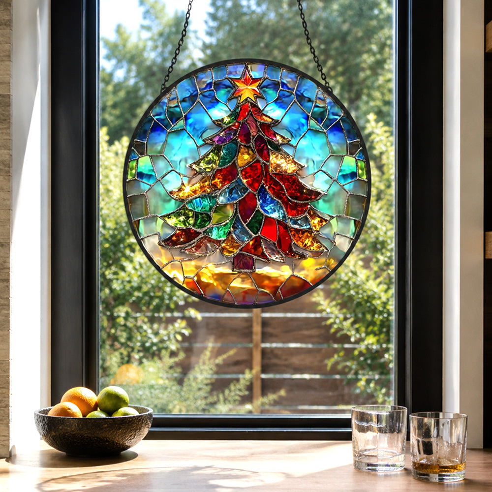 Christmas tree star stained glass suncatcher window hanging, suitable for home and garden decoration