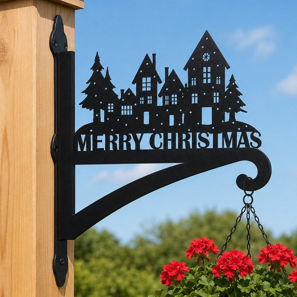 Christmas village metal hanging basket bracket mounted on outdoor wall for plant decoration