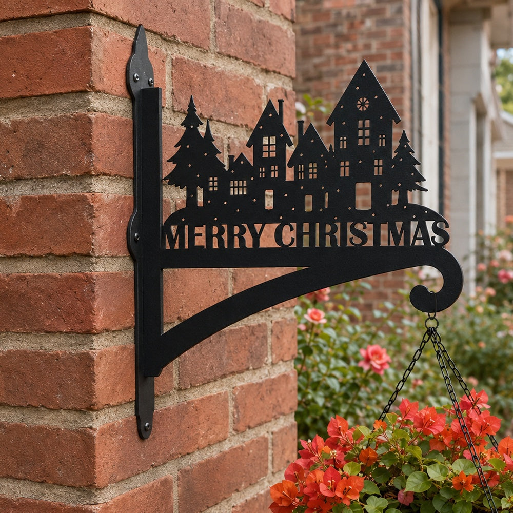 Christmas village metal hanging basket bracket mounted on outdoor wall for plant decoration