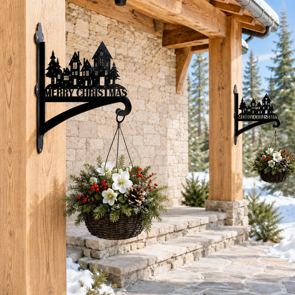 Christmas village metal hanging basket bracket mounted on outdoor wall for plant decoration