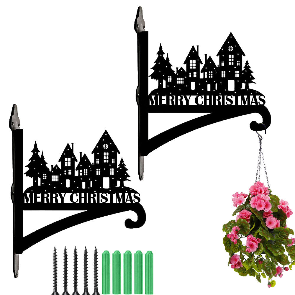 Christmas village metal hanging basket bracket mounted on outdoor wall for plant decoration