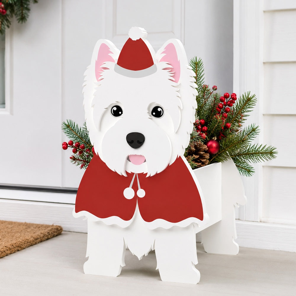 Christmas West Highland White Terrier dog planter filled with fresh flowers is placed in the garden