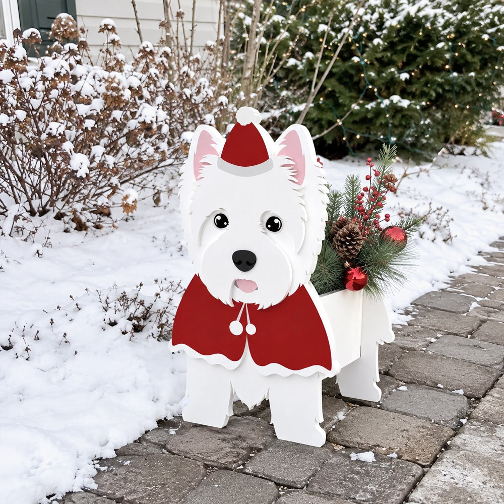 Christmas West Highland White Terrier dog planter filled with fresh flowers is placed in the garden