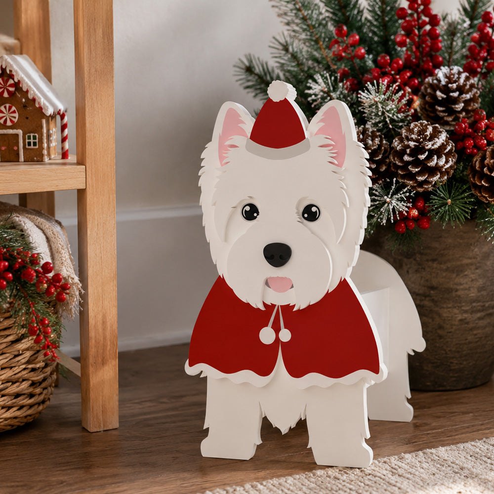 Christmas West Highland White Terrier dog planter filled with fresh flowers is placed in the garden