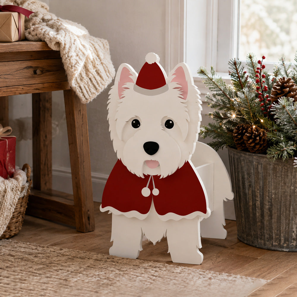 Christmas West Highland White Terrier dog planter filled with fresh flowers is placed in the garden