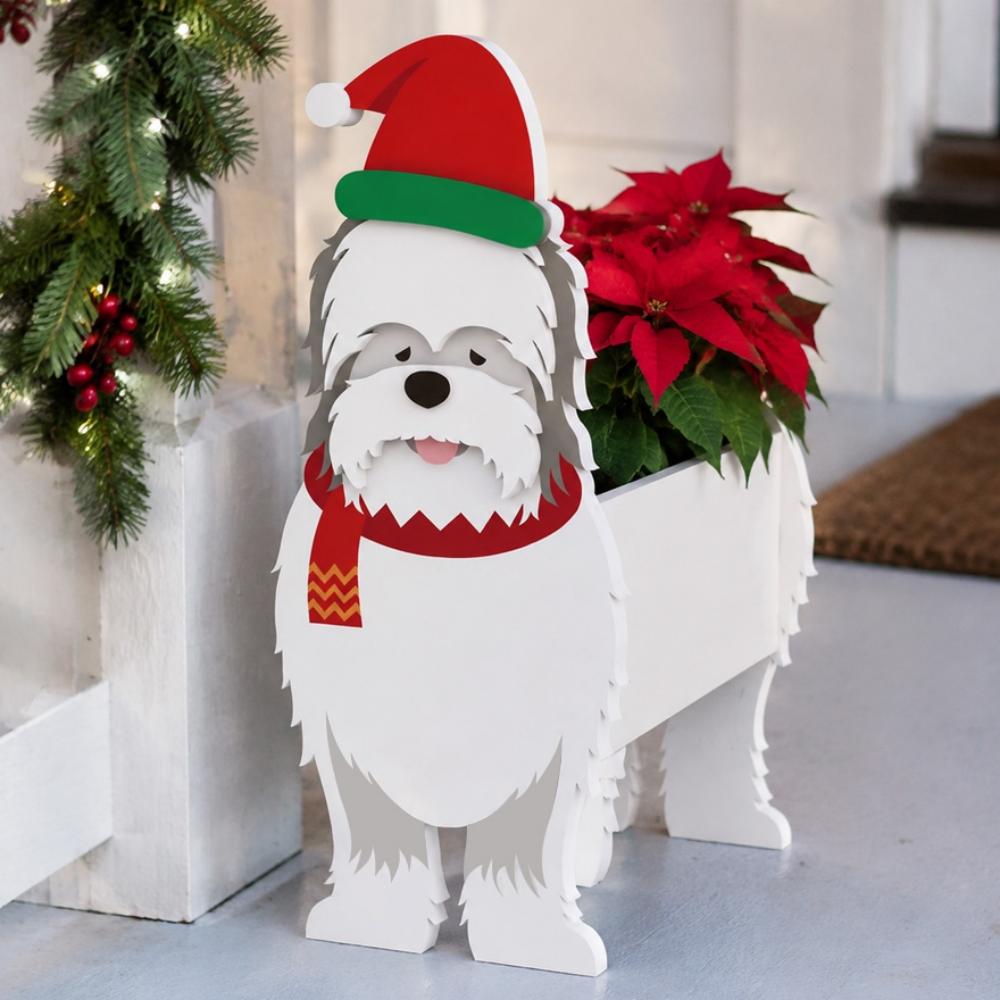 Christmas White Terrier dog planter filled with fresh flowers is placed in the garden