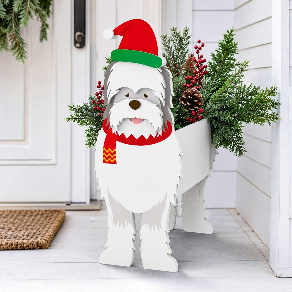 Christmas White Terrier dog planter filled with fresh flowers is placed in the garden