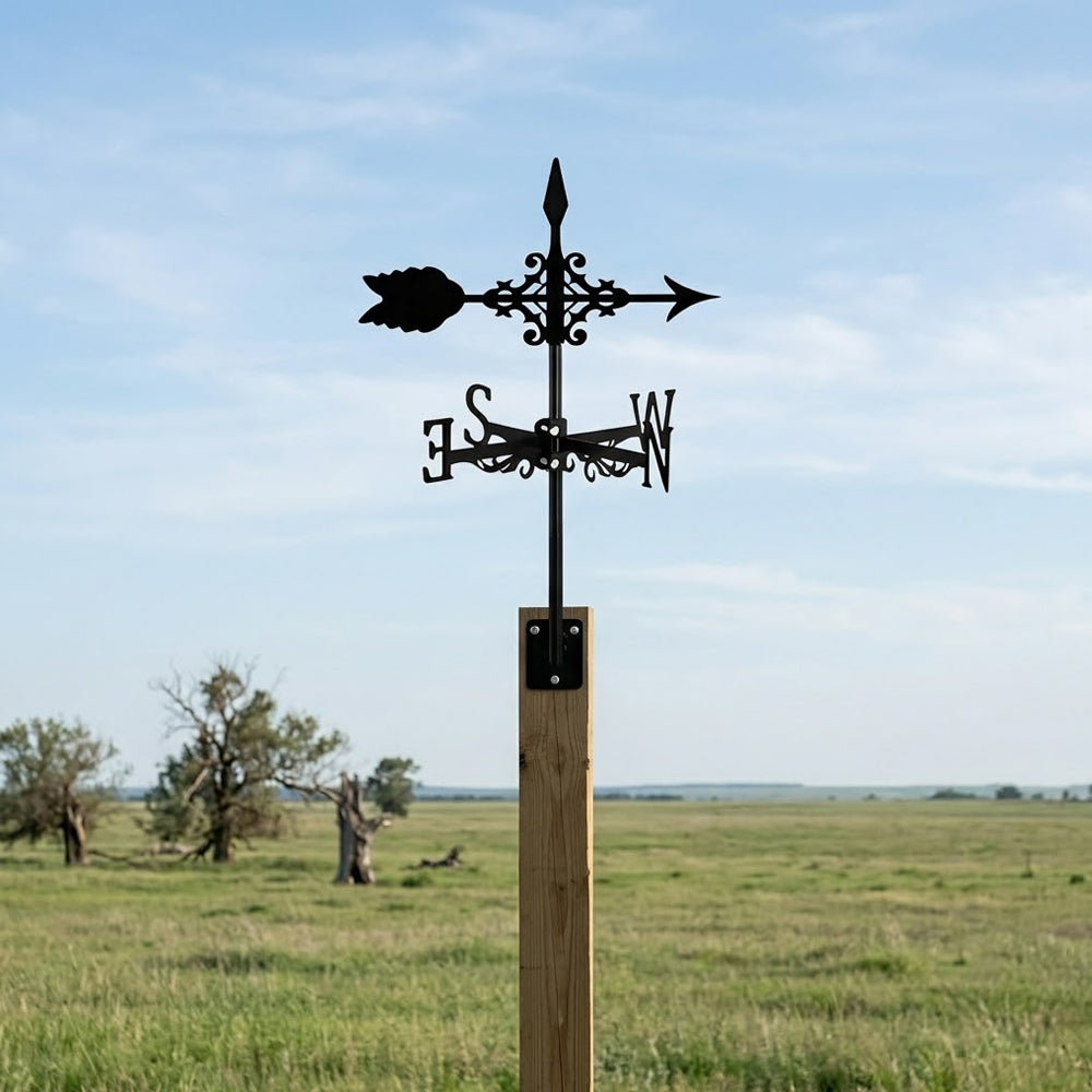 Classic arrow metal weather vane with directional arrows and mounting rod, outdoor roof and garden decoration