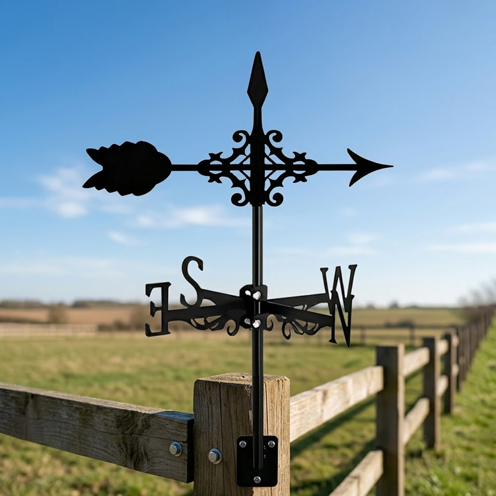 Classic arrow metal weather vane with directional arrows and mounting rod, outdoor roof and garden decoration