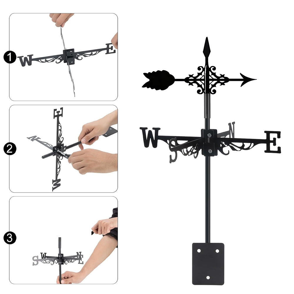 Classic arrow metal weather vane with directional arrows and mounting rod, outdoor roof and garden decoration