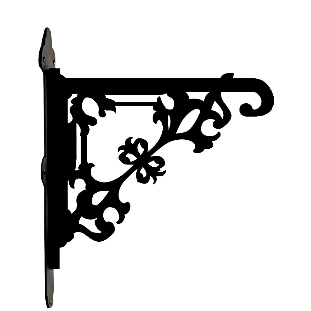 Classic baroque scrollwork metal hanging basket bracket mounted on outdoor wall for plant decoration