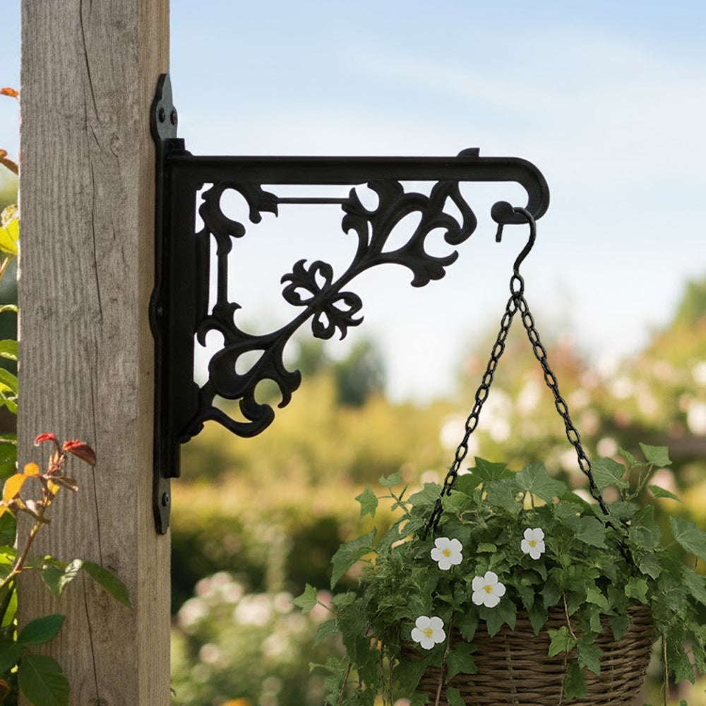 Classic baroque scrollwork metal hanging basket bracket mounted on outdoor wall for plant decoration