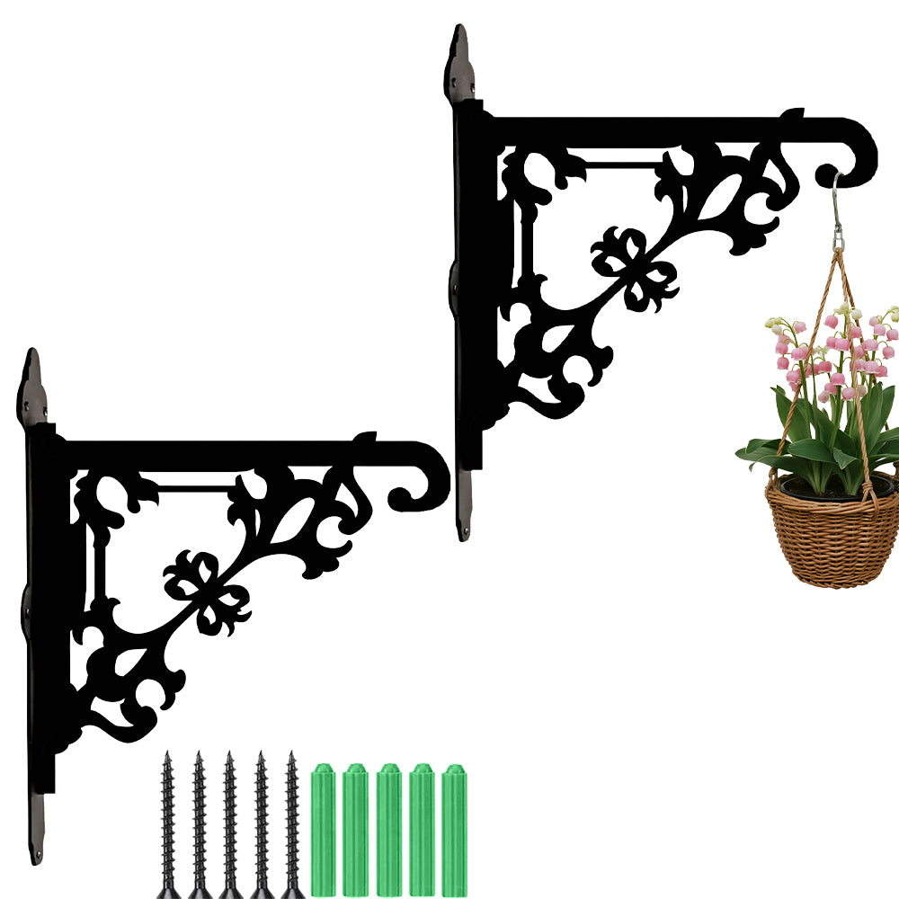Classic baroque scrollwork metal hanging basket bracket mounted on outdoor wall for plant decoration