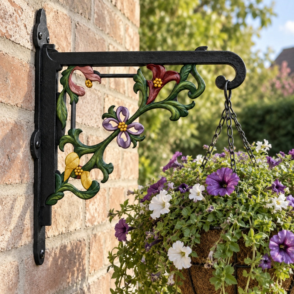 Classic baroque scrollwork metal hanging basket bracket mounted on outdoor wall for plant decoration
