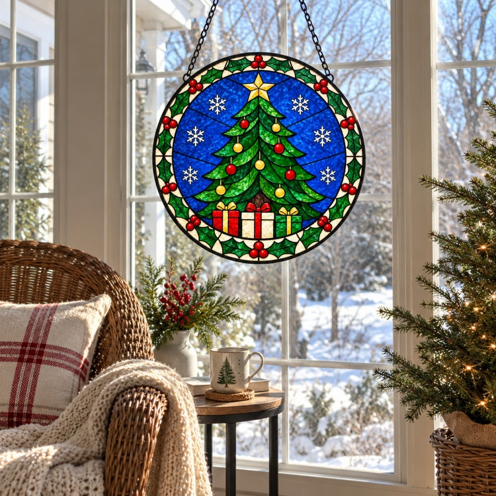 Classic christmas tree stained glass suncatcher window hanging, suitable for home and garden decoration