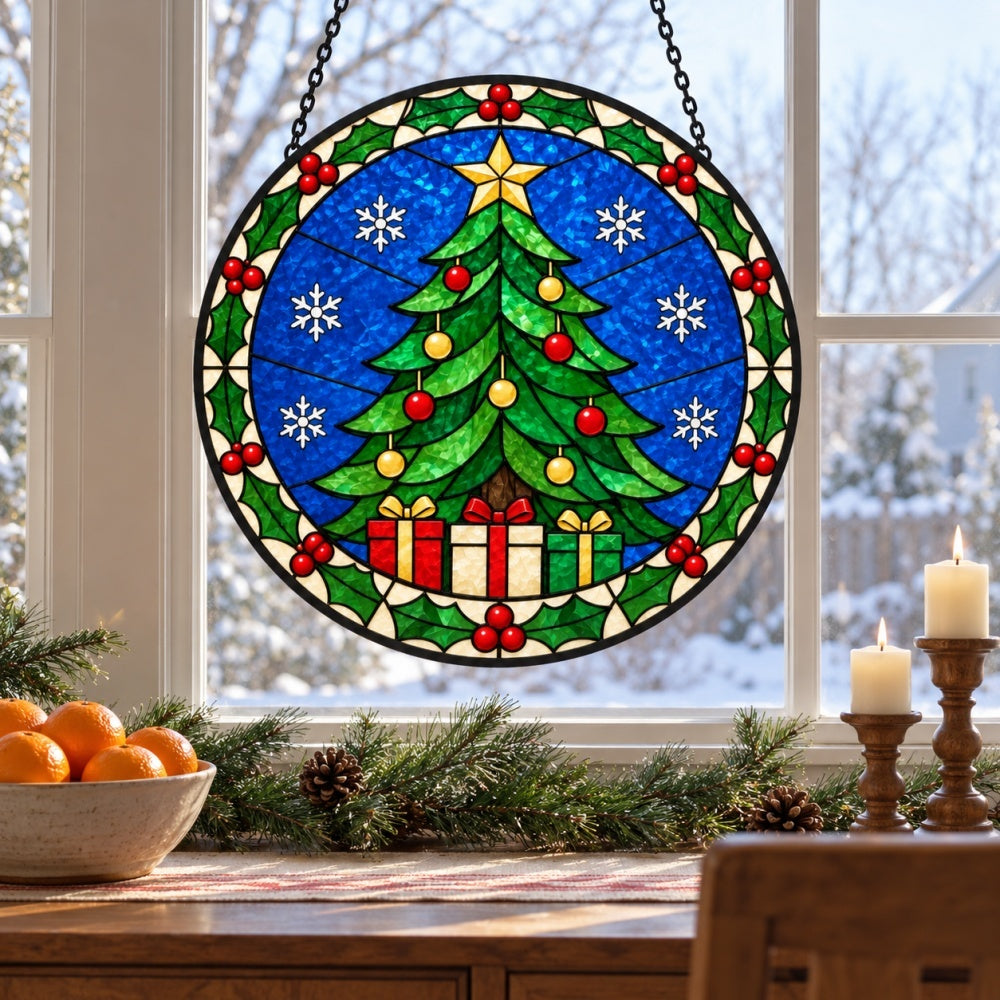 Classic christmas tree stained glass suncatcher window hanging, suitable for home and garden decoration