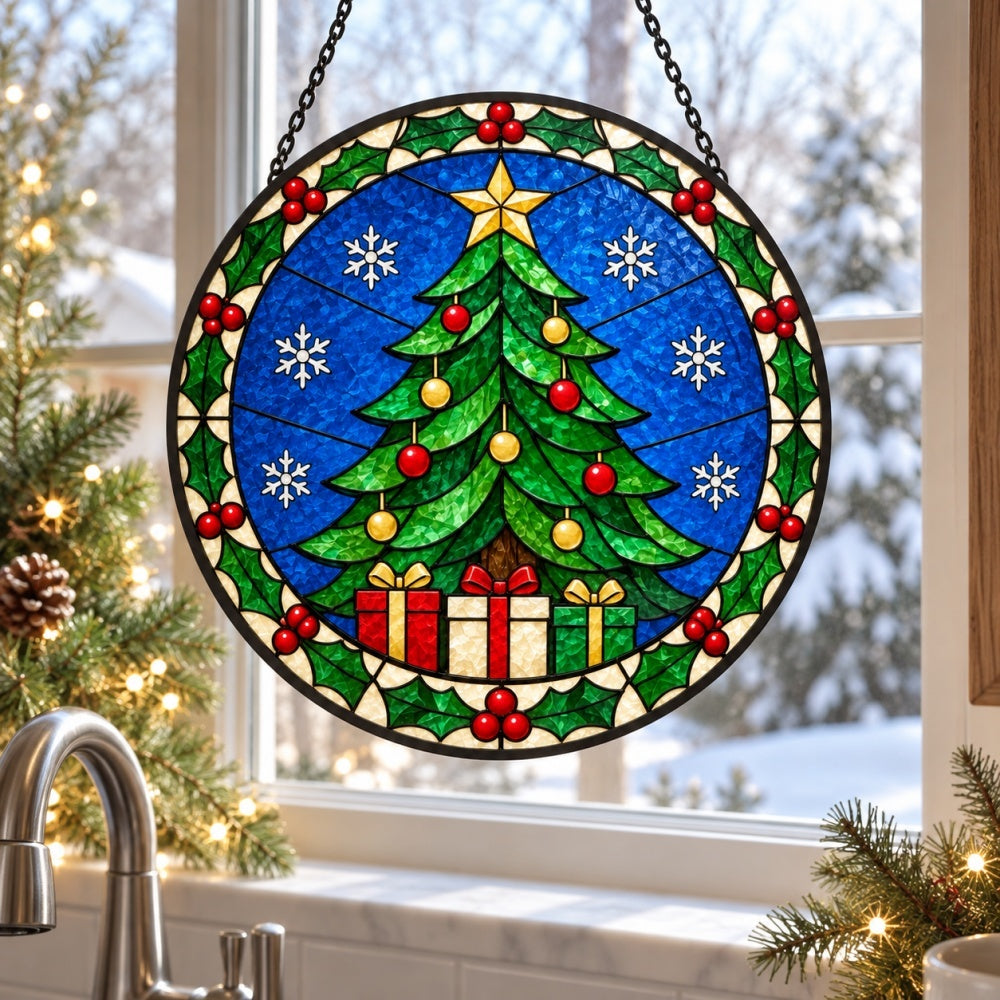Classic christmas tree stained glass suncatcher window hanging, suitable for home and garden decoration