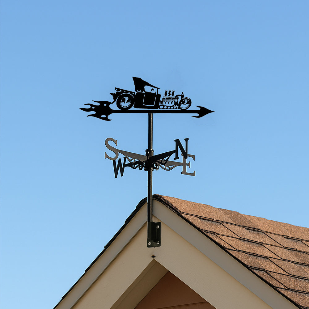 Classic hot rod metal weather vane with directional arrows and mounting rod, outdoor roof and garden decoration