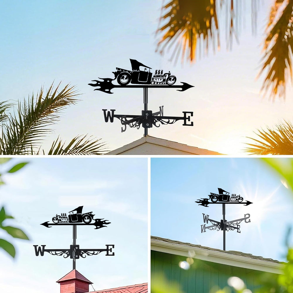 Classic hot rod metal weather vane with directional arrows and mounting rod, outdoor roof and garden decoration