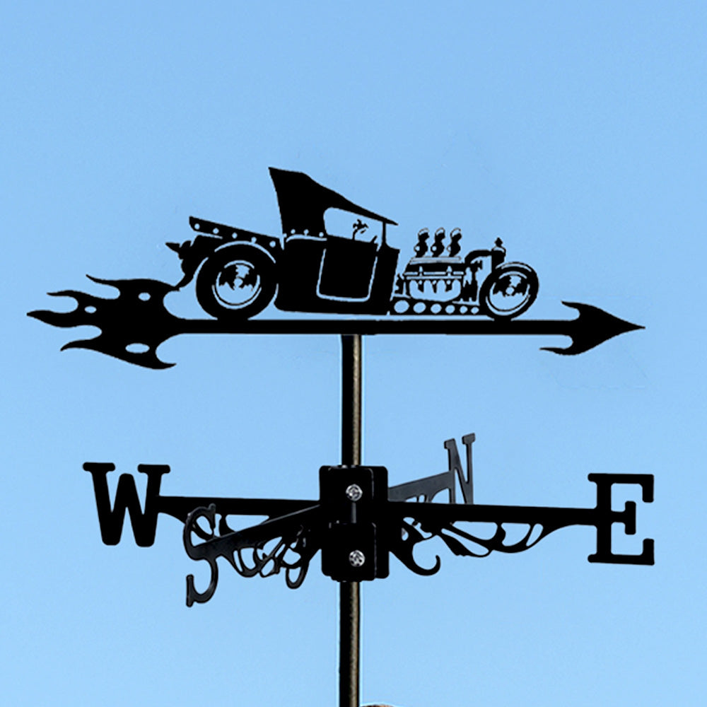 Classic hot rod metal weather vane with directional arrows and mounting rod, outdoor roof and garden decoration