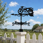 Classic motorcycle metal weather vane with directional arrows and mounting rod, outdoor roof and garden decoration