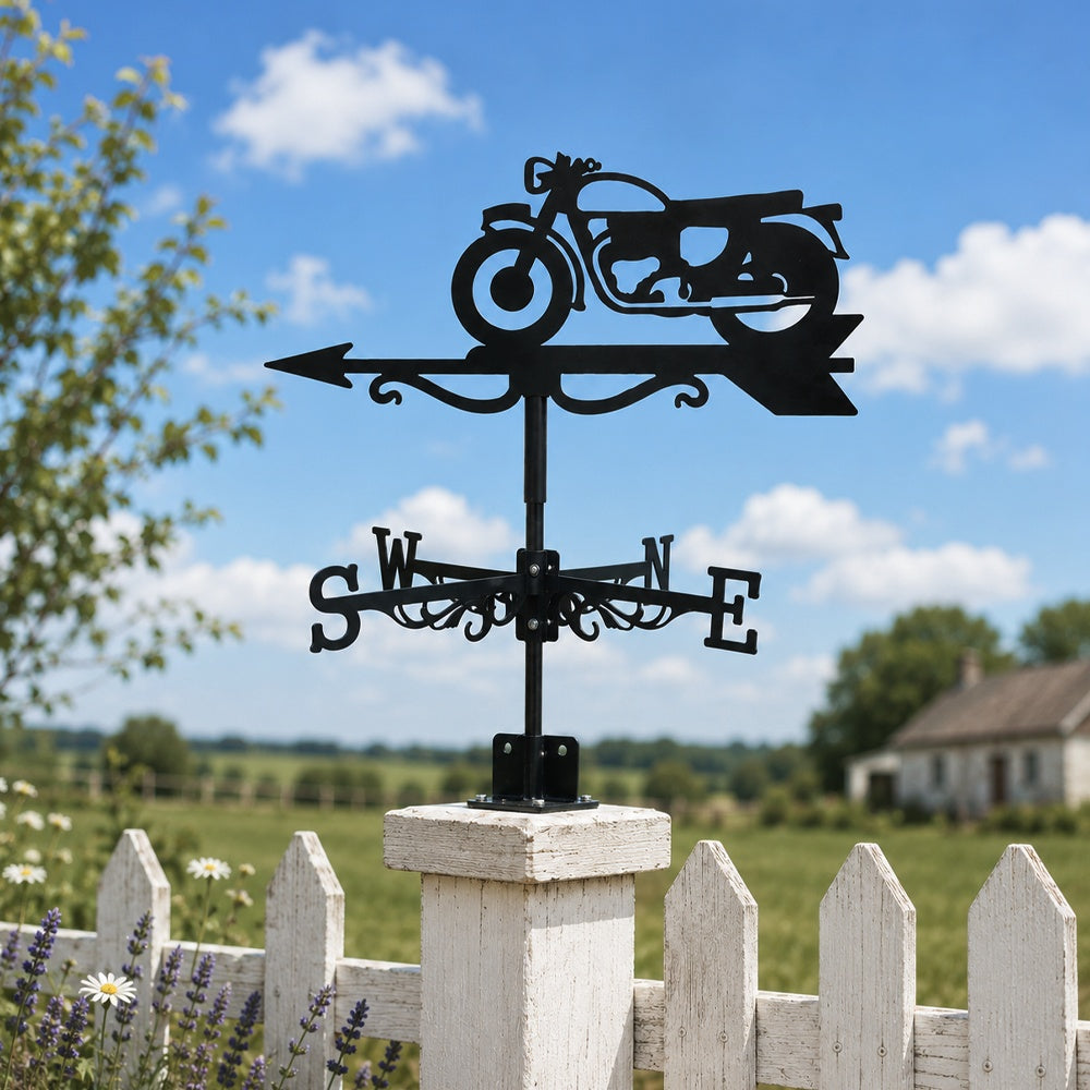 Classic motorcycle metal weather vane with directional arrows and mounting rod, outdoor roof and garden decoration