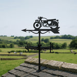 Classic motorcycle metal weather vane with directional arrows and mounting rod, outdoor roof and garden decoration
