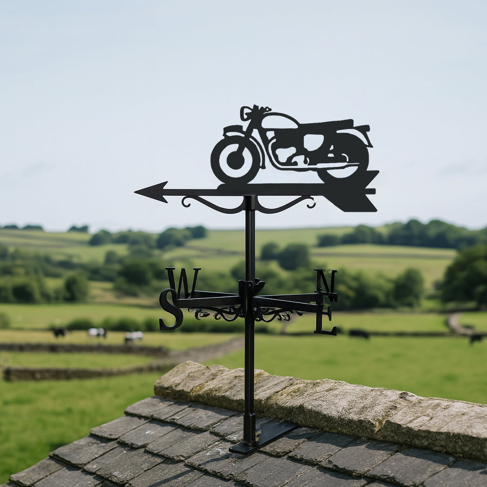 Classic motorcycle metal weather vane with directional arrows and mounting rod, outdoor roof and garden decoration