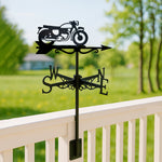 Classic motorcycle metal weather vane with directional arrows and mounting rod, outdoor roof and garden decoration