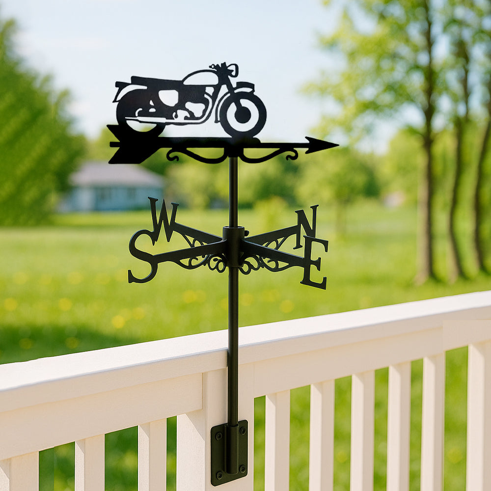Classic motorcycle metal weather vane with directional arrows and mounting rod, outdoor roof and garden decoration