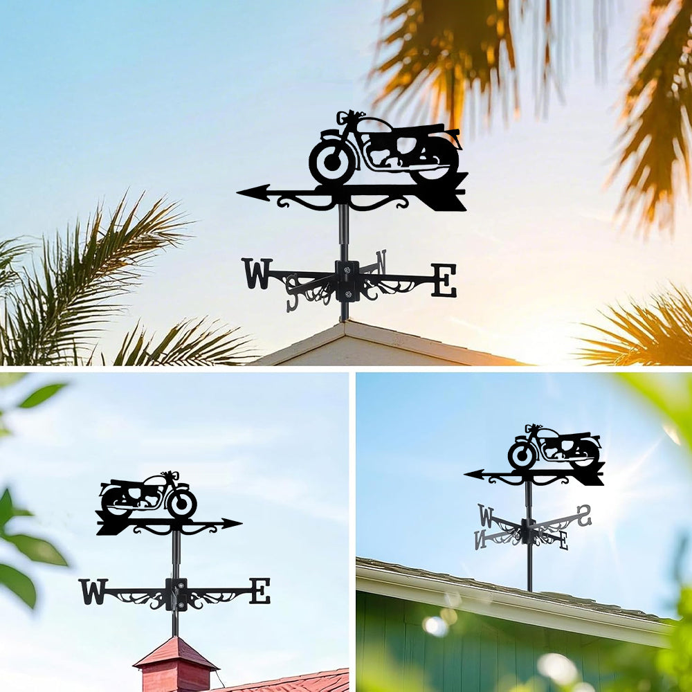 Classic motorcycle metal weather vane with directional arrows and mounting rod, outdoor roof and garden decoration