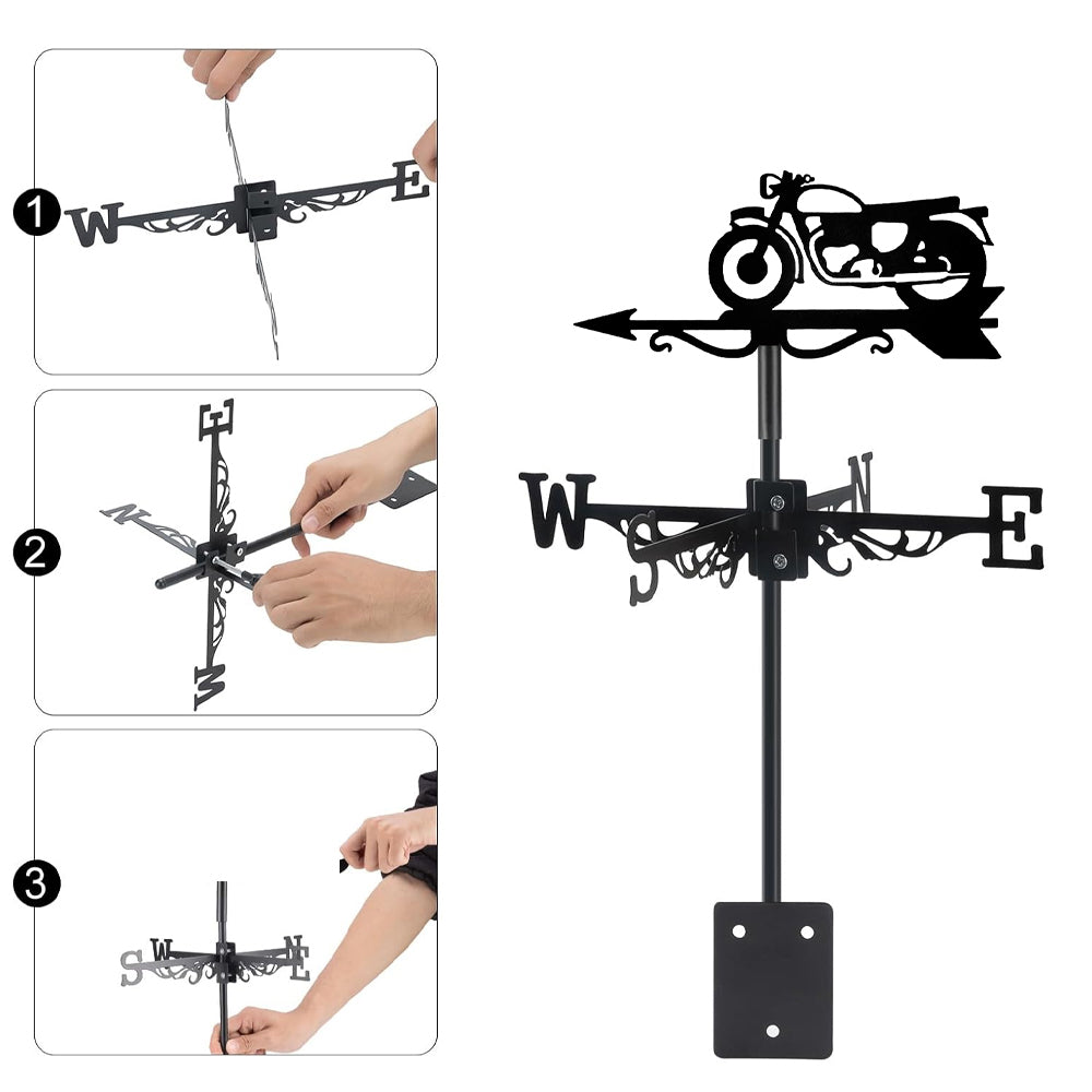Classic motorcycle metal weather vane with directional arrows and mounting rod, outdoor roof and garden decoration