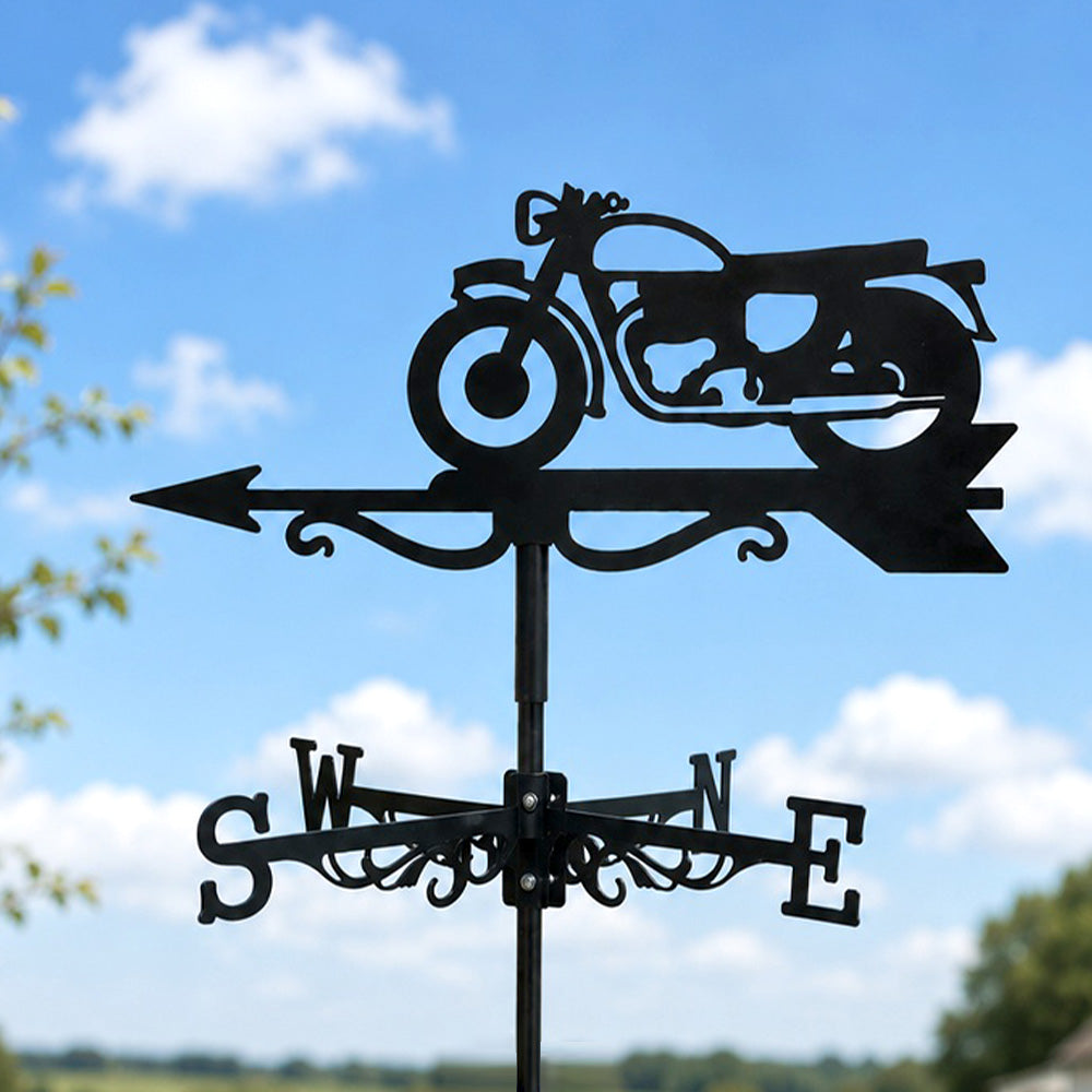 Classic motorcycle metal weather vane with directional arrows and mounting rod, outdoor roof and garden decoration