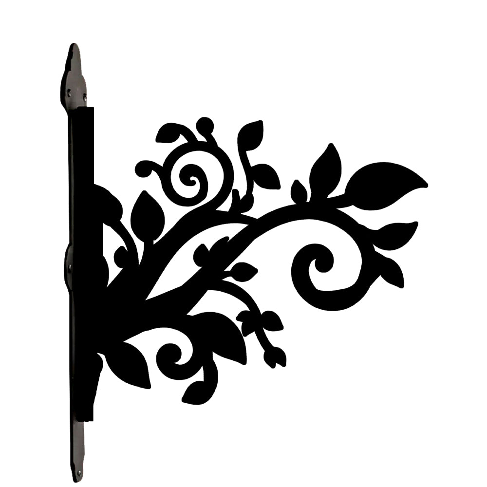 Classic scrollwork vines and leaves metal hanging basket bracket mounted on outdoor wall for plant decoration