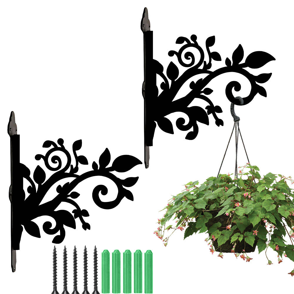 Classic scrollwork vines and leaves metal hanging basket bracket mounted on outdoor wall for plant decoration