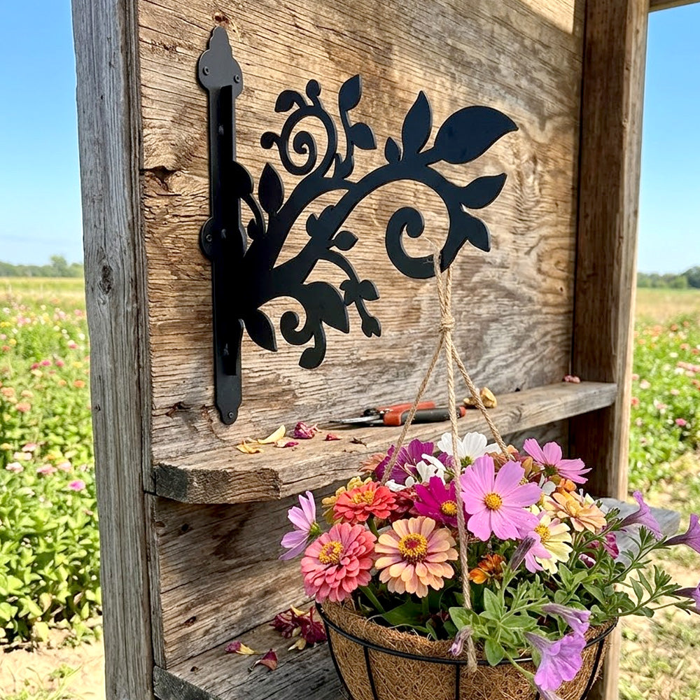 Classic scrollwork vines and leaves metal hanging basket bracket mounted on outdoor wall for plant decoration
