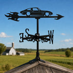Classic sports car metal weather vane with directional arrows and mounting rod, outdoor roof and garden decoration
