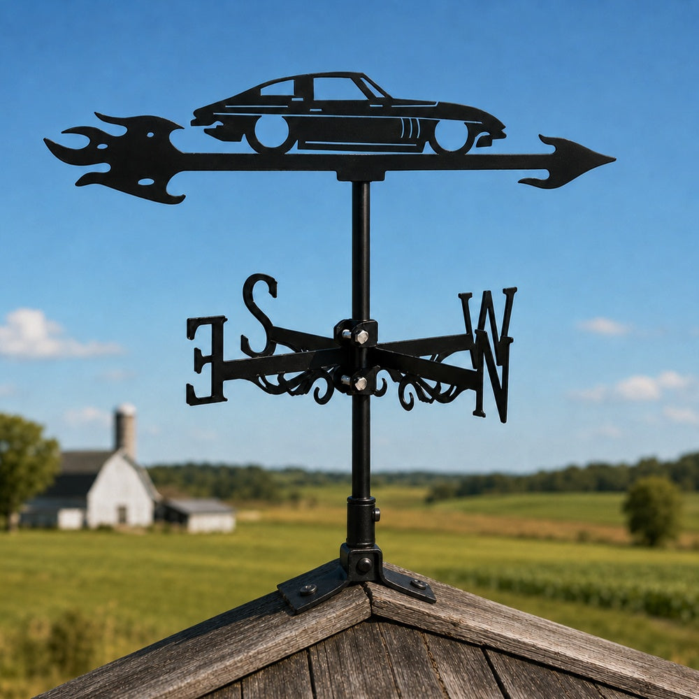 Classic sports car metal weather vane with directional arrows and mounting rod, outdoor roof and garden decoration