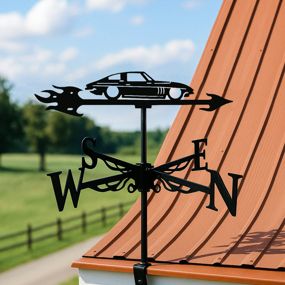 Classic sports car metal weather vane with directional arrows and mounting rod, outdoor roof and garden decoration