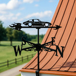 Classic sports car metal weather vane with directional arrows and mounting rod, outdoor roof and garden decoration