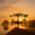 Classic sports car metal weather vane with directional arrows and mounting rod, outdoor roof and garden decoration