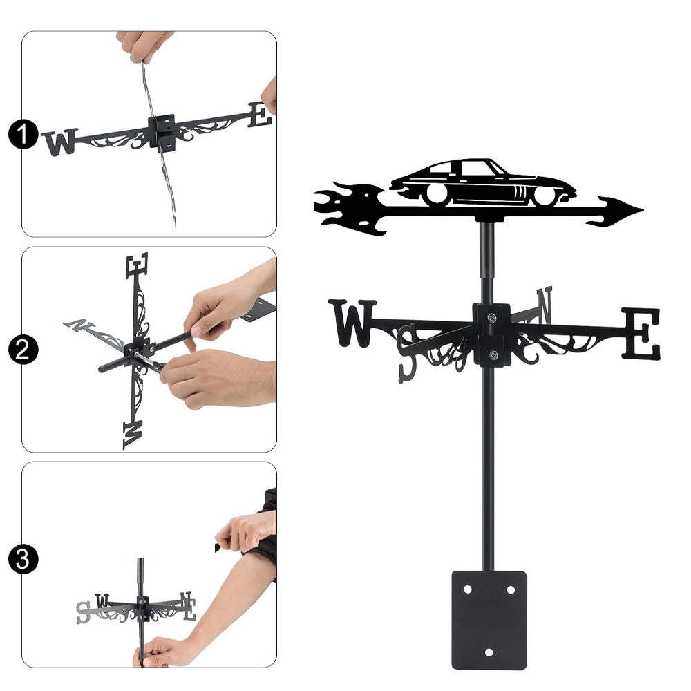 Classic sports car metal weather vane with directional arrows and mounting rod, outdoor roof and garden decoration