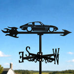 Classic sports car metal weather vane with directional arrows and mounting rod, outdoor roof and garden decoration