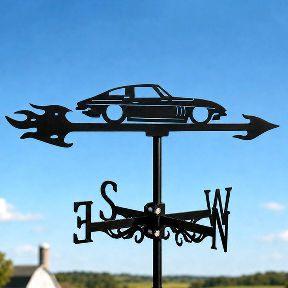 Classic sports car metal weather vane with directional arrows and mounting rod, outdoor roof and garden decoration