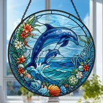 Coastal beach house jumping dolphin pair stained glass suncatcher window hanging, suitable for home and garden decoration