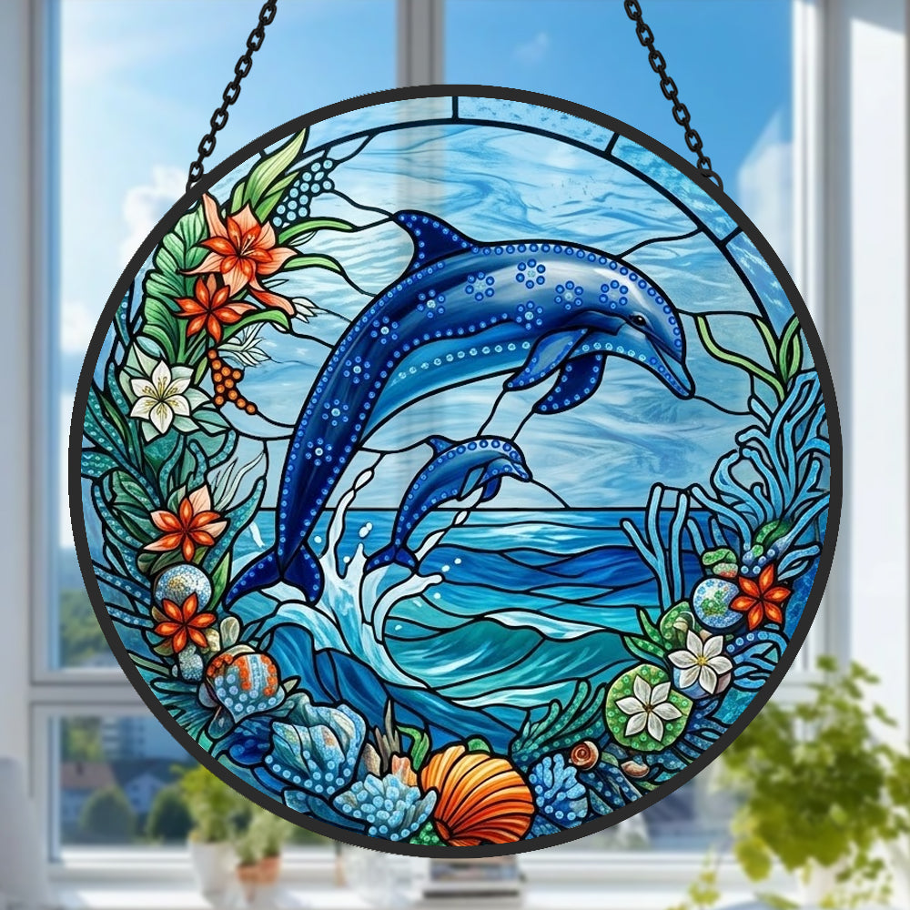 Coastal beach house jumping dolphin pair stained glass suncatcher window hanging, suitable for home and garden decoration