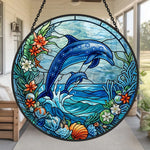 Coastal beach house jumping dolphin pair stained glass suncatcher window hanging, suitable for home and garden decoration